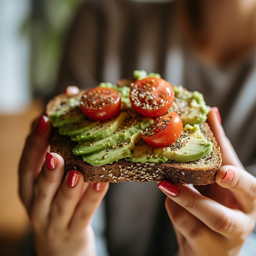 Hands holding healthy avocado toast with tomatoes