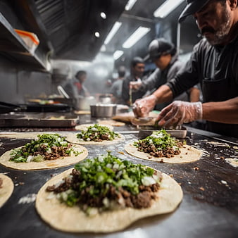 Fresh Tacos Being Assembled in Busy Commercial Kitchen