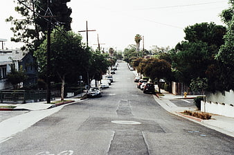 Quiet Residential Street with Parked Cars and Trees