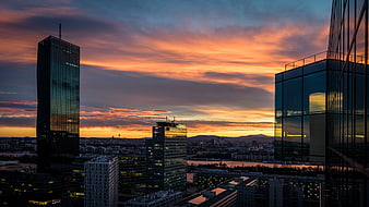 Vienna City Skyline at Sunset with Modern Glass Skyscrapers
