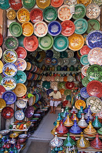 Colorful Moroccan pottery shop with artisan and traditional ceramics