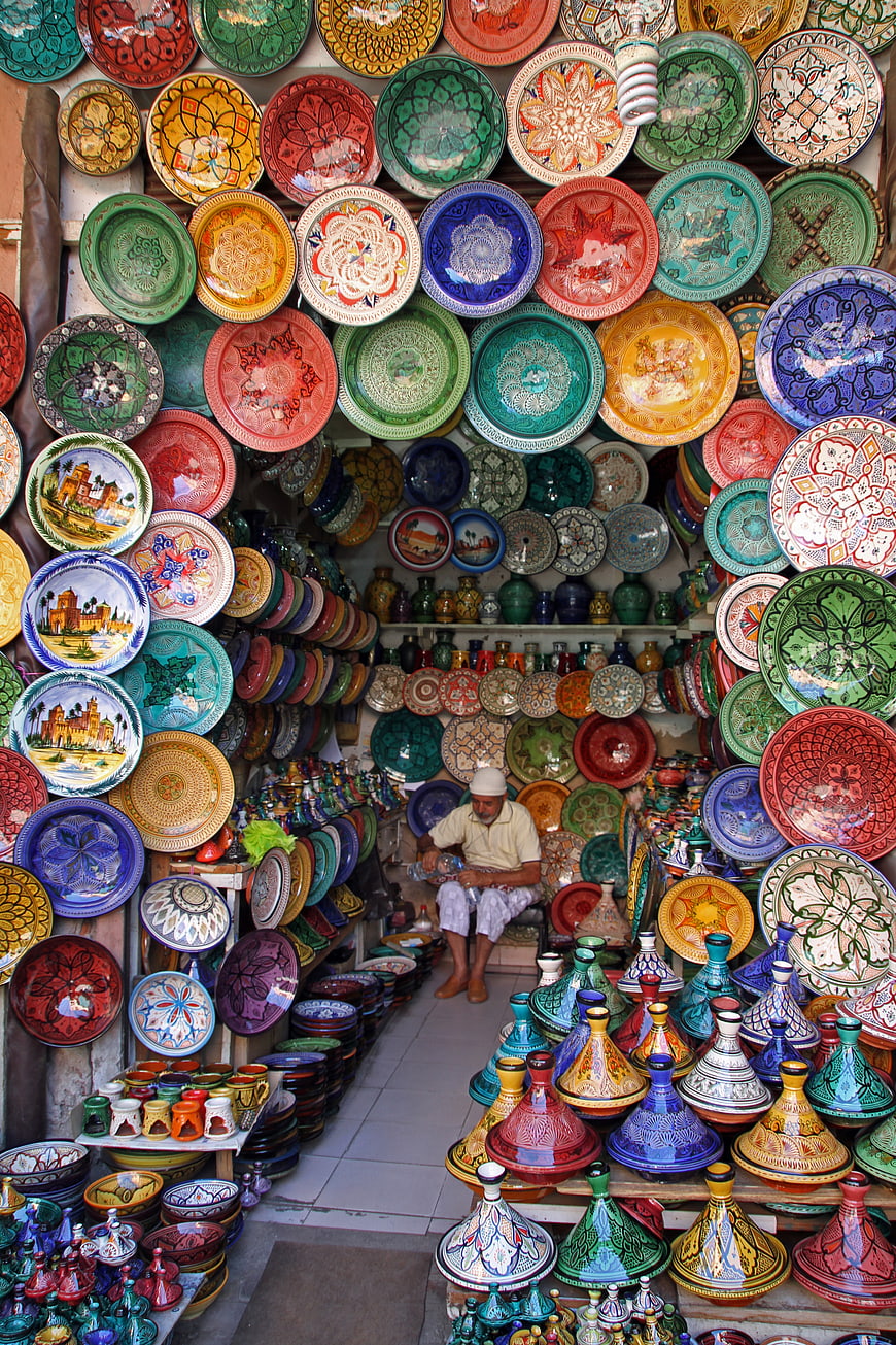 Colorful Moroccan pottery shop with artisan and traditional ceramics