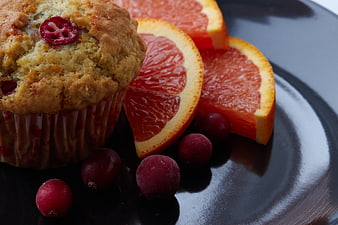 Cranberry Muffin with Grapefruit Slices and Berries