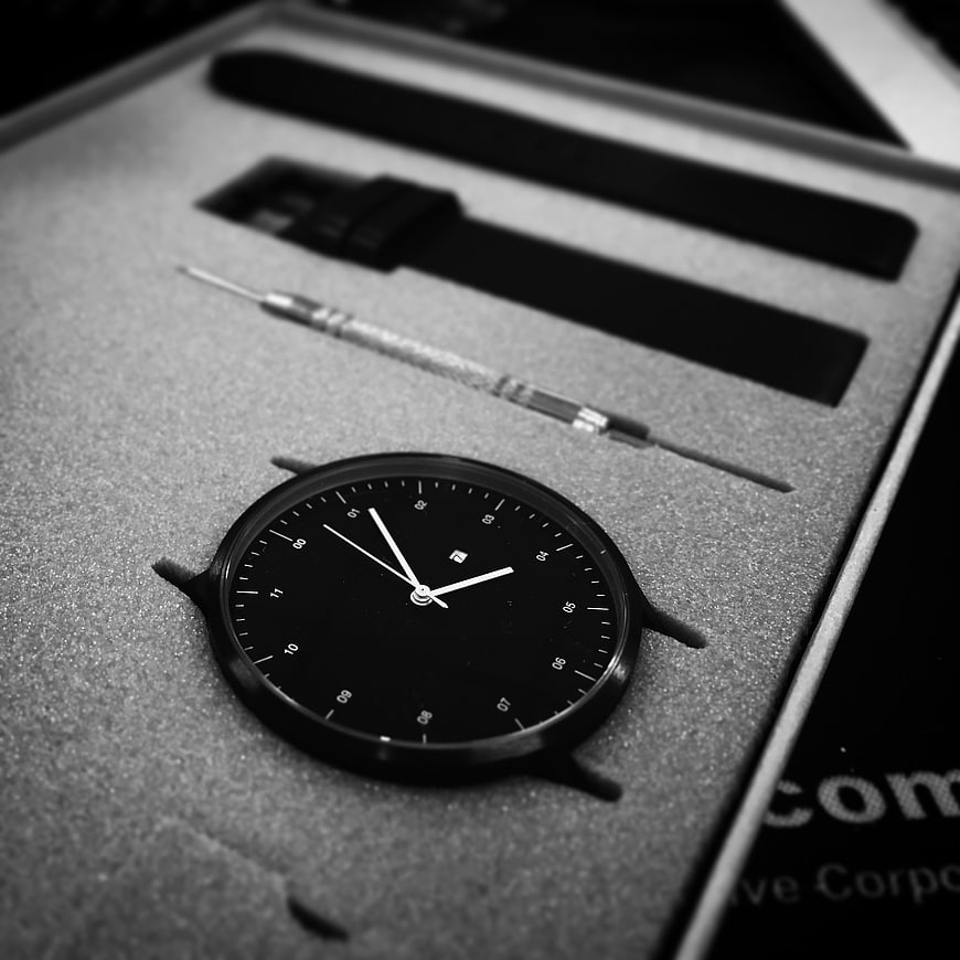Minimalist Black Watch Movement in Packaging Box