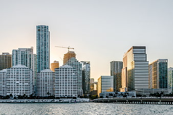 Miami Skyline at Sunset with Waterfront and Skyscrapers