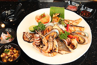 Grilled Seafood Platter with Shrimp, Squid, and Fish