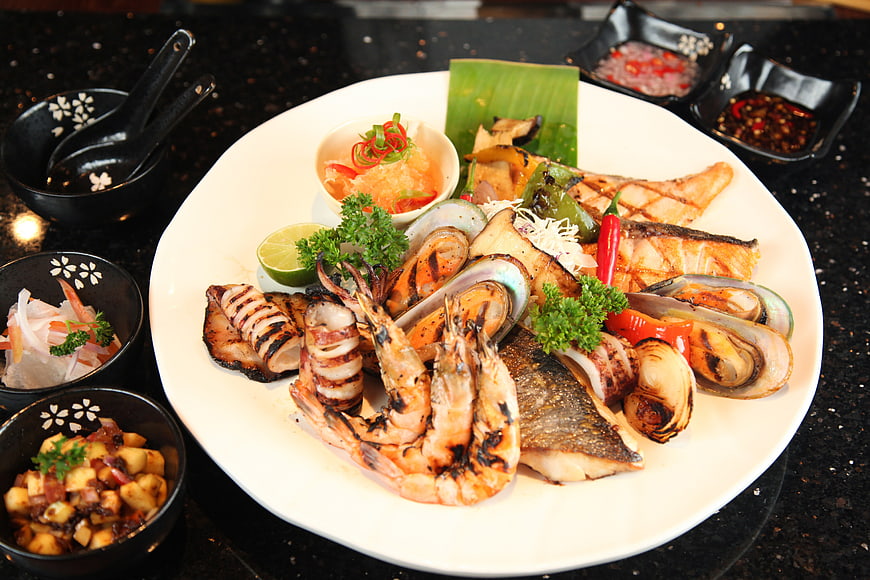Grilled Seafood Platter with Shrimp, Squid, and Fish