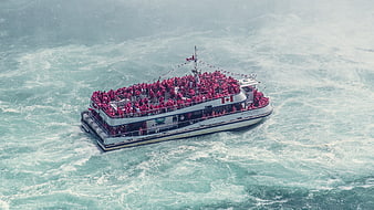 Aerial view of Maid of the Mist boat in Niagara Falls rapids