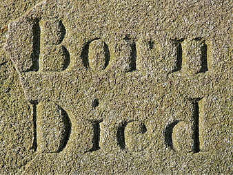 Close-up of Born and Died inscription on weathered granite gravestone