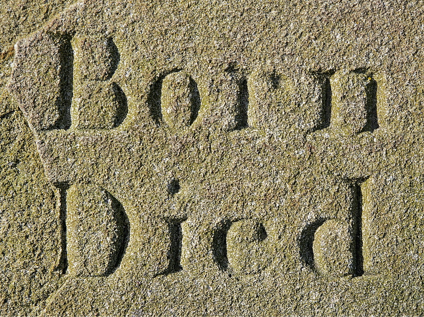 Close-up of Born and Died inscription on weathered granite gravestone