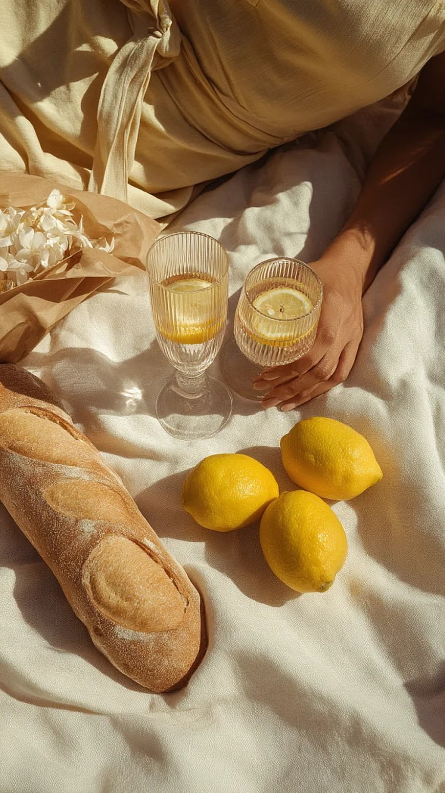 Summer Picnic with Baguette, Lemons, and Lemonade
