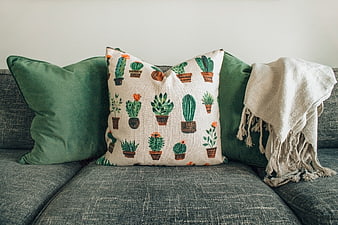 Cozy Sofa with Cactus Pattern Cushion and Throw Blanket