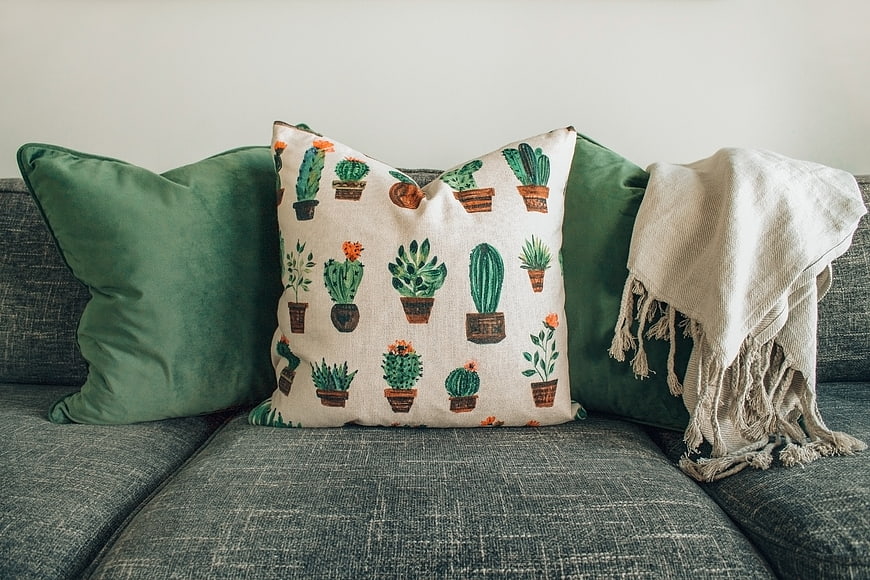Cozy Sofa with Cactus Pattern Cushion and Throw Blanket