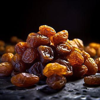 Golden Raisins Macro on Dark Slate Background