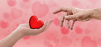 Hands exchanging red heart on pink background