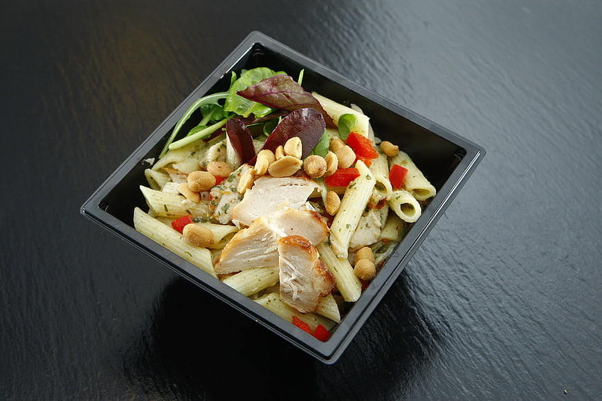 Chicken Penne Pasta Salad with Peanuts and Vegetables in Black Container