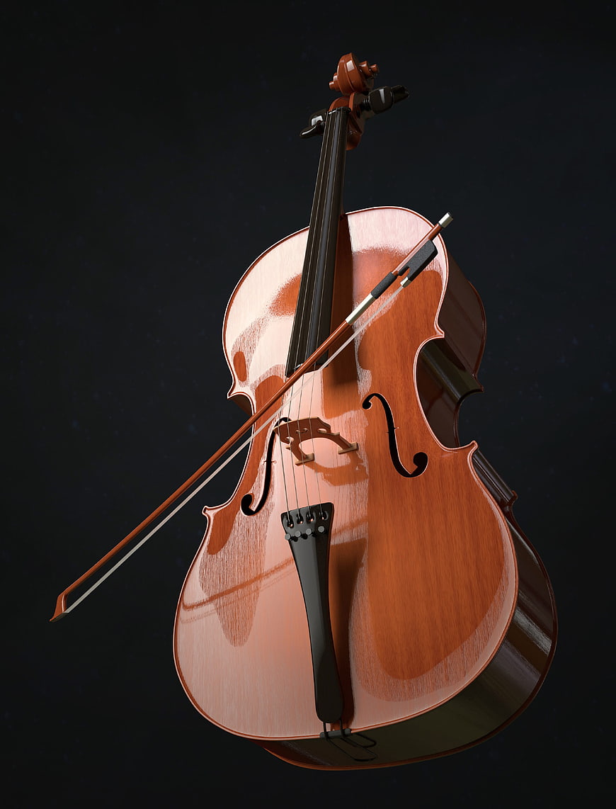 3D Render of a Cello and Bow on Dark Background