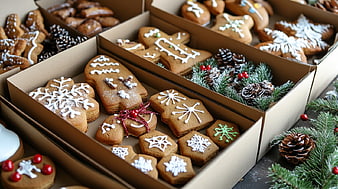 Boxes of Decorated Gingerbread Cookies with Pine Cones