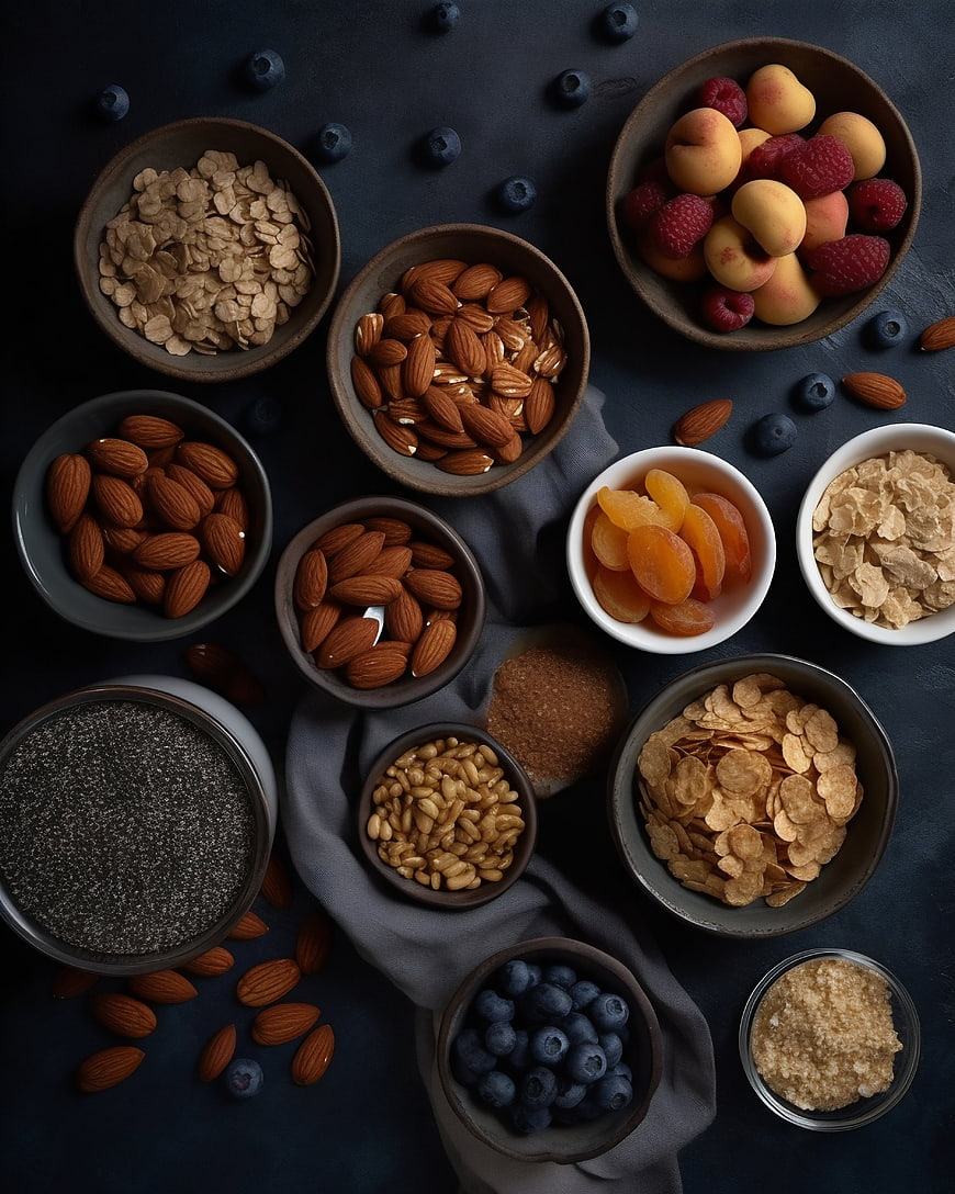 Top View of Healthy Breakfast Ingredients in Bowls