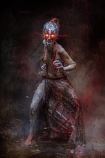 Horror Witch with Glowing Eyes and Blood