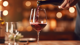 Pouring Red Wine into Glass with Bokeh Background