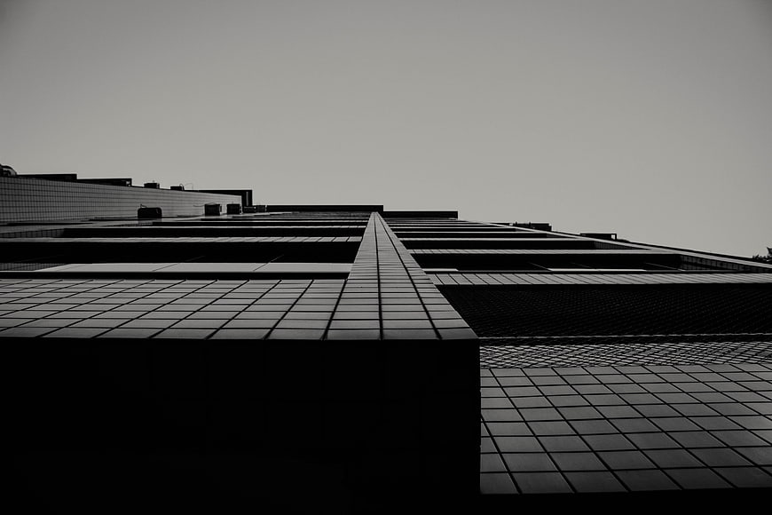 Low angle black and white modern building facade