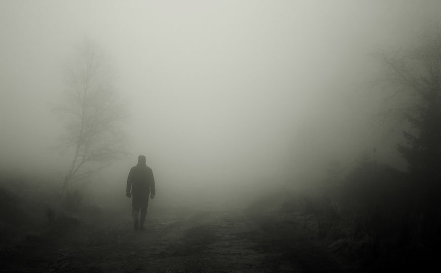 Silhouette of Man Walking on Foggy Path in Dark Forest