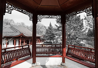 Traditional Chinese Pavilion with Red Wooden Architecture