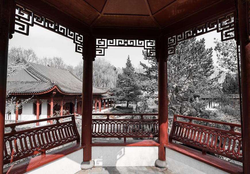 Traditional Chinese Pavilion with Red Wooden Architecture