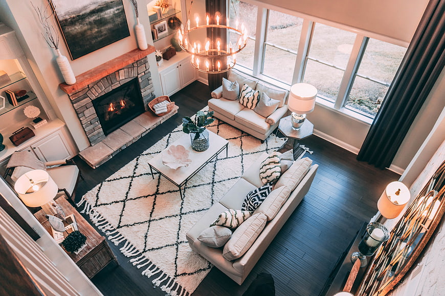 High-Angle View of Modern Living Room With Fireplace