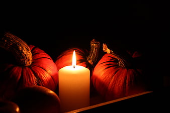 Autumn Still Life With Lit Candle And Red Pumpkins In Darkness