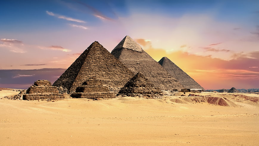 Pyramids of Giza at Sunset in the Egyptian Desert