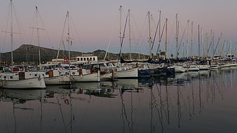 Sailboats docked in calm harbor at dusk with reflections