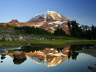 Majestic snow-capped mountain reflected in a serene alpine lake