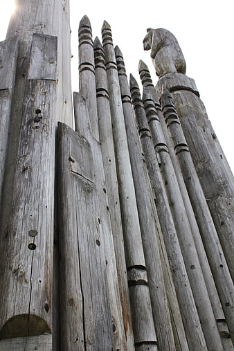 Weathered Indigenous Totem Pole Detail With Carved Bear Figure