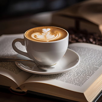 Latte art coffee cup on open book with spoon