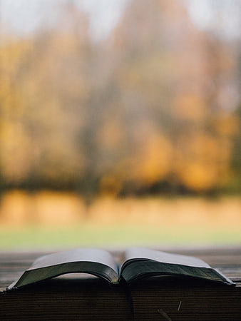 Open book on wooden table with blurred autumn background