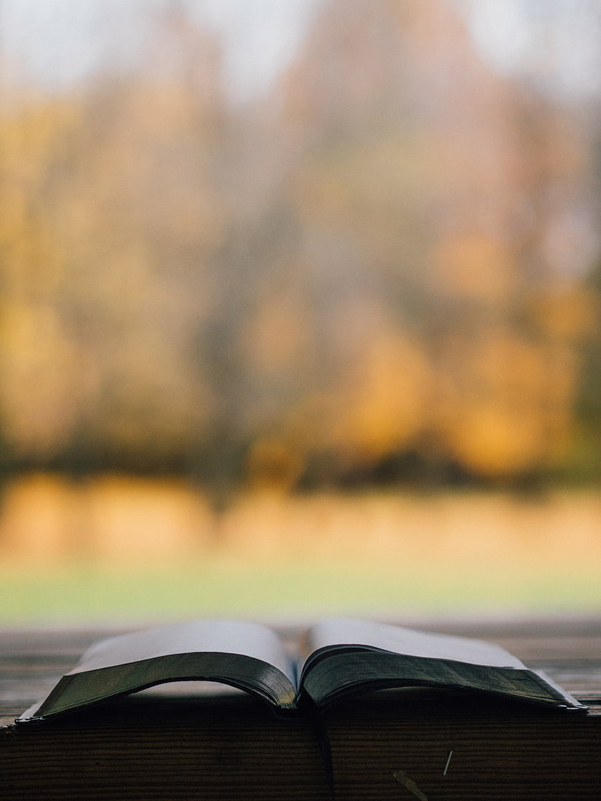Open book on wooden table with blurred autumn background