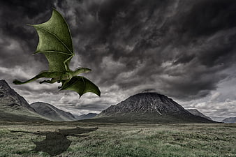 Green Dragon Flying Over Dramatic Scottish Highlands Landscape