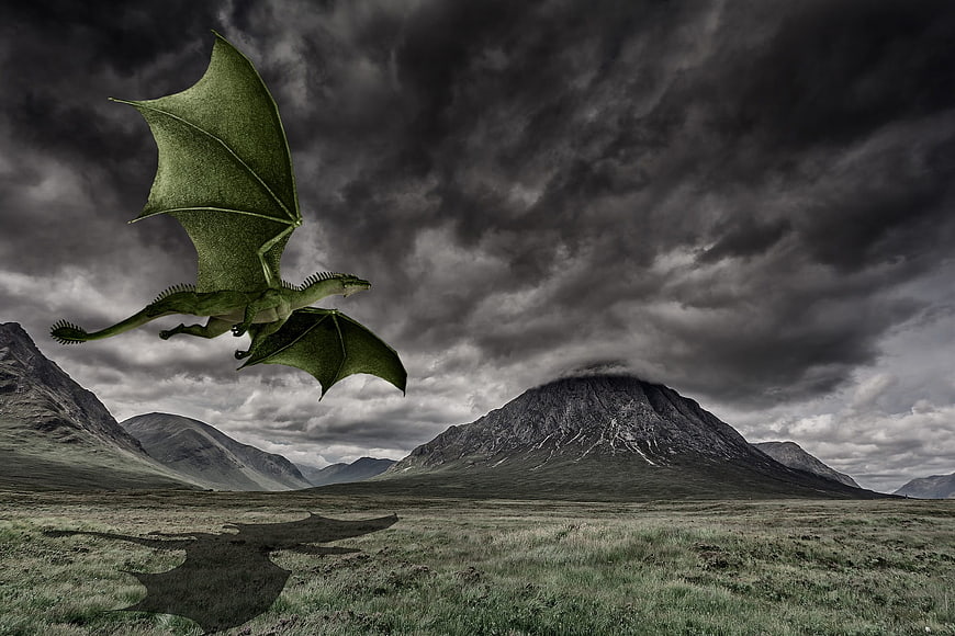 Green Dragon Flying Over Dramatic Scottish Highlands Landscape