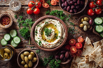 Rustic Hummus Platter with Fresh Vegetables and Pita Bread