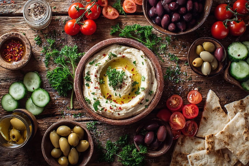 Rustic Hummus Platter with Fresh Vegetables and Pita Bread