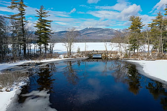 Winter Landscape with Frozen Lake, Bridge, and Snowy Mountains