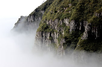Misty Mountain Cliff with Lush Green Vegetation