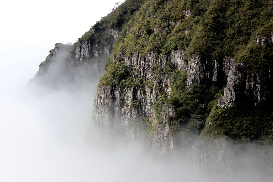 Misty Mountain Cliff with Lush Green Vegetation