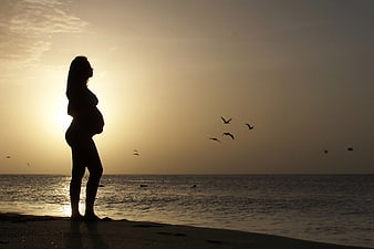 Silhouette of Pregnant Woman on Beach at Sunset