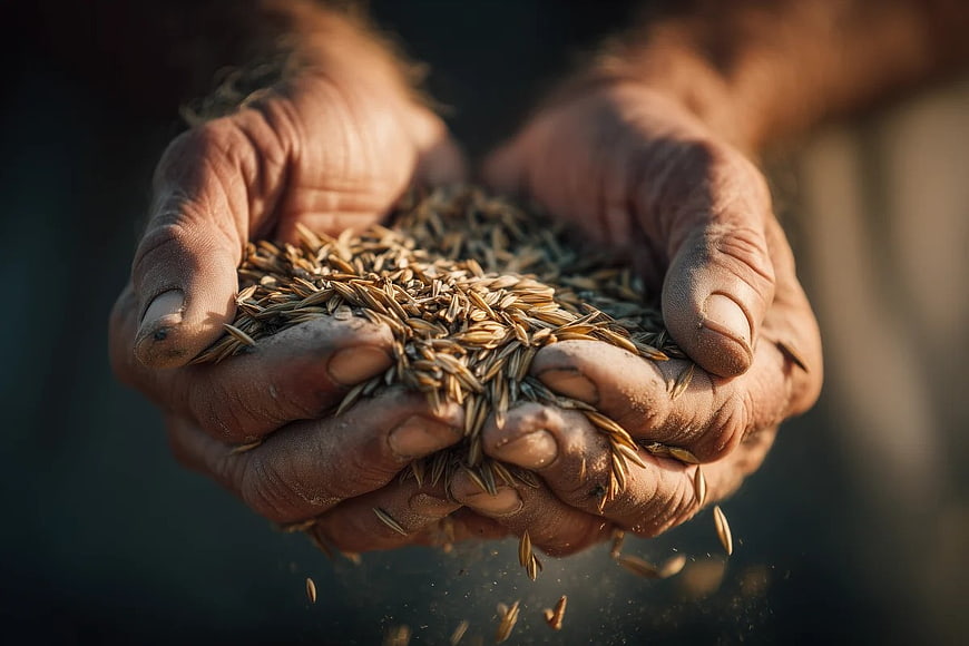 Close-up of weathered hands holding golden grain seeds