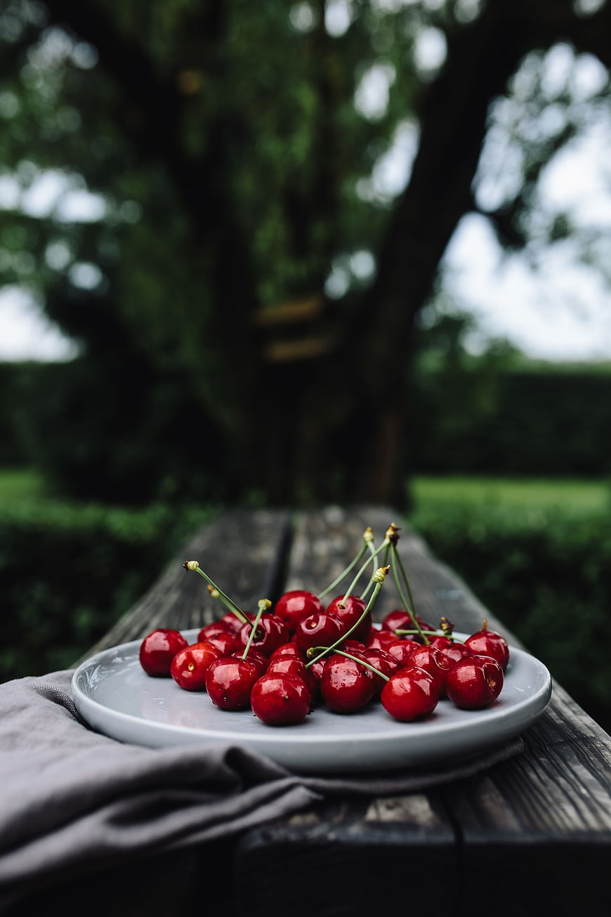 Fresh Red Cherries on Plate in Garden