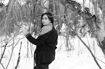 Woman in Winter Forest Black and White Portrait
