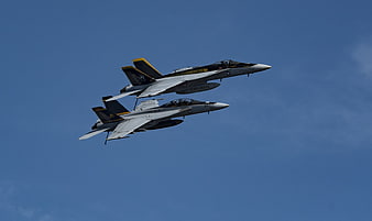 Two F/A-18 Super Hornets Flying in Formation Blue Sky